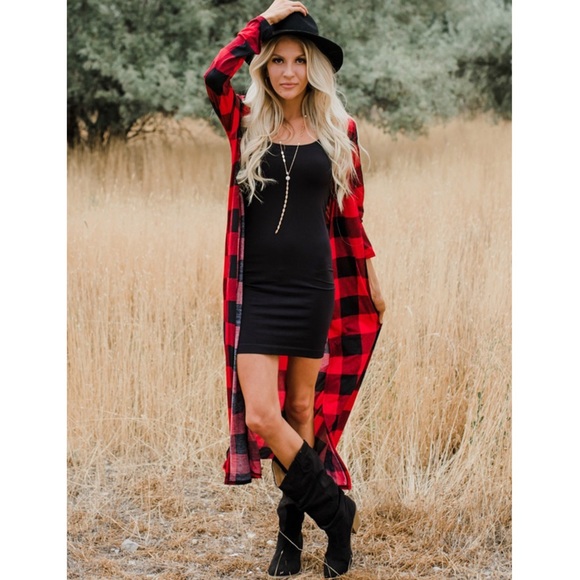 Red & Black Buffalo Plaid Long Sleeve Duster Cardigan - Picture 2 of 16